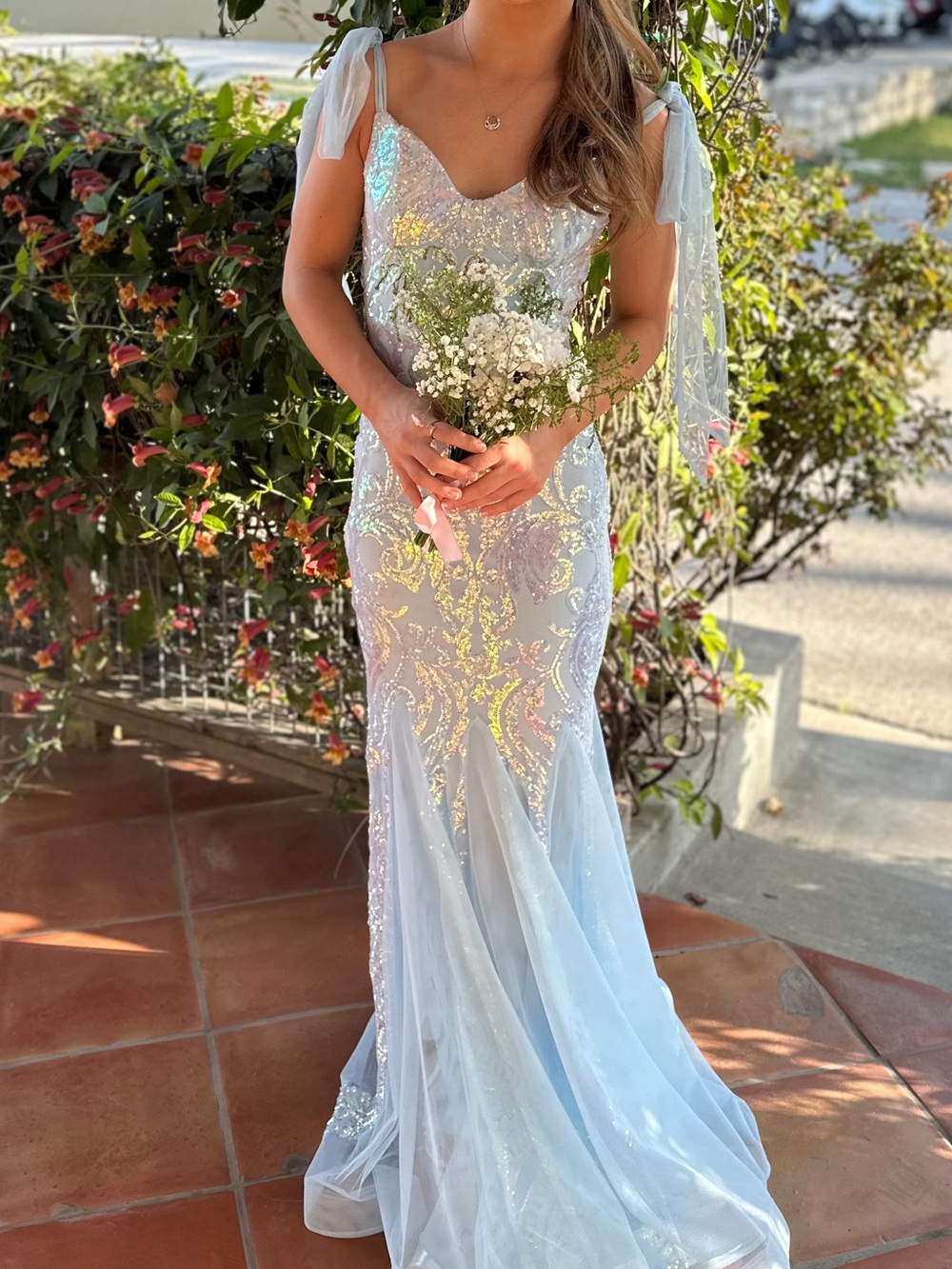 B Darlin Light Blue Iridescent Sequin Evening Gown
